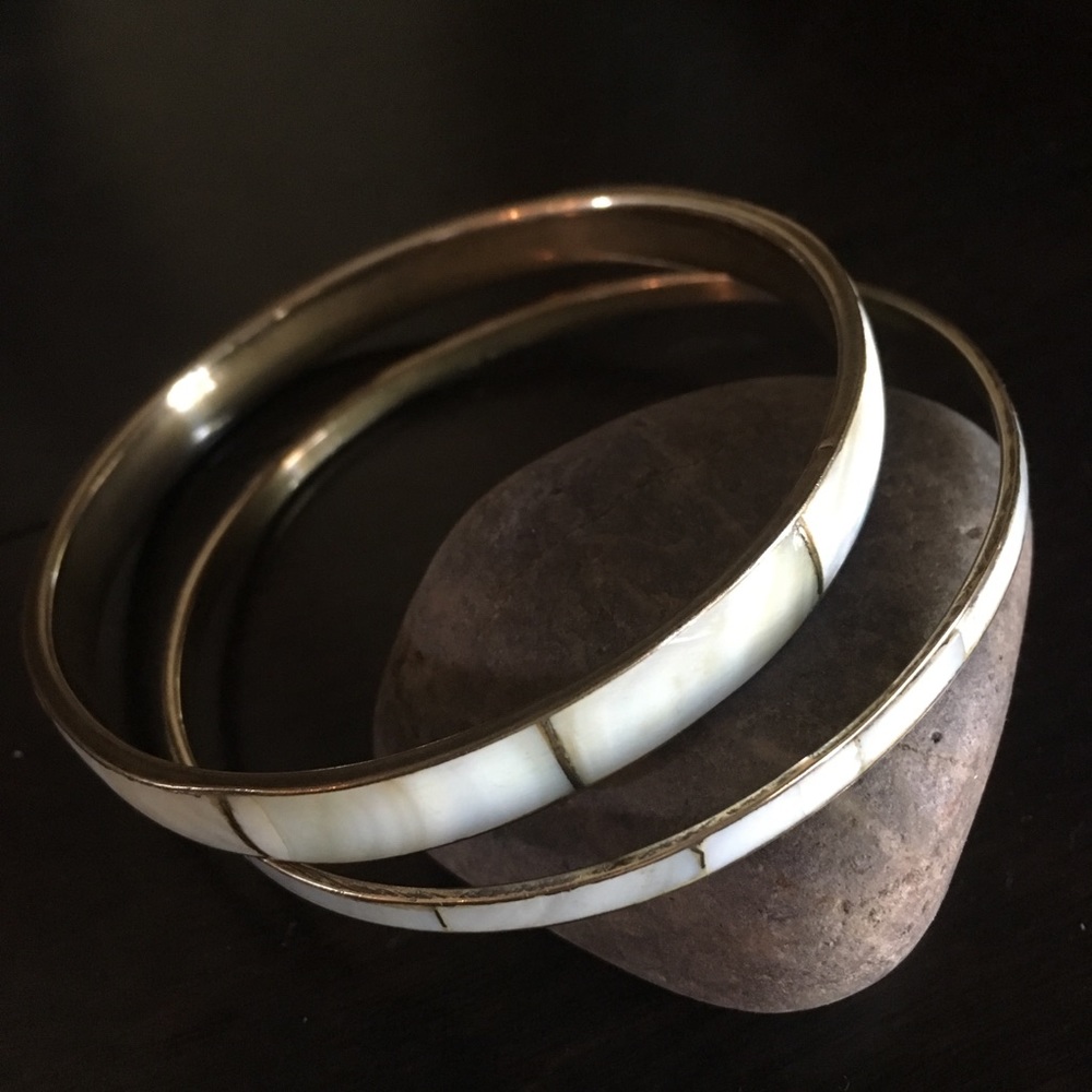 Vintage rare Mother of pearl brass bracelet set